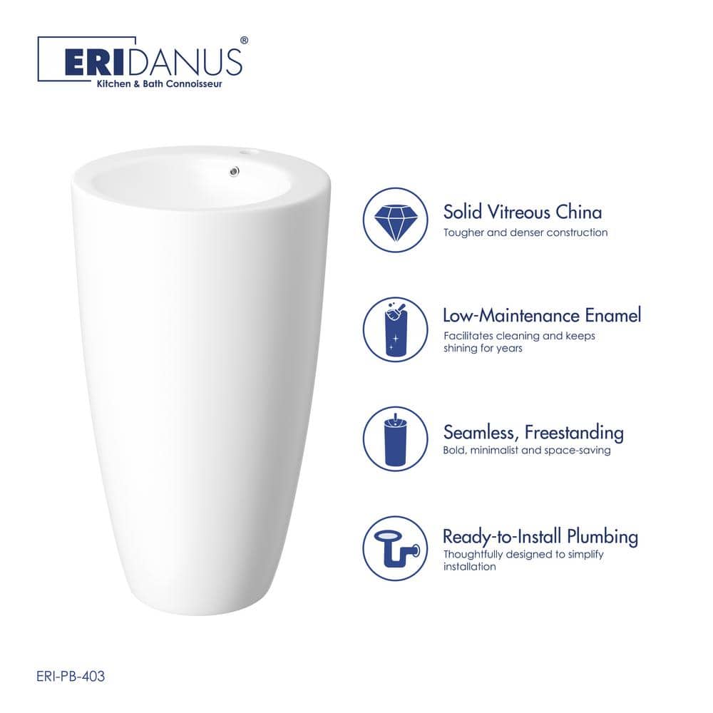 Glossy White Ceramic Round Pedestal Bathroom Sink with Overflow