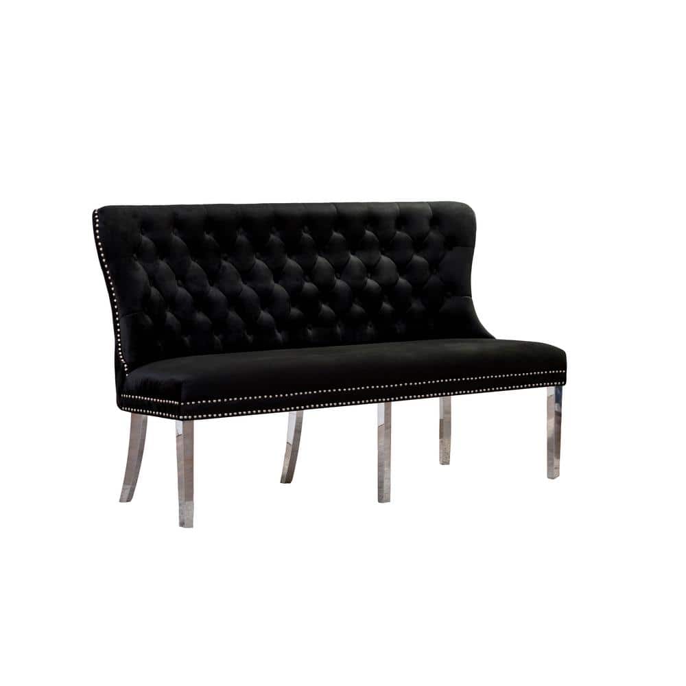 25" Luxe Black Velvet Tufted Bench with Metal Frame