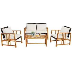 4-Pieces Patio Mix Brown Wicker Sofa Set Acacia Wood Frame with Seat and Back Off White Cushions