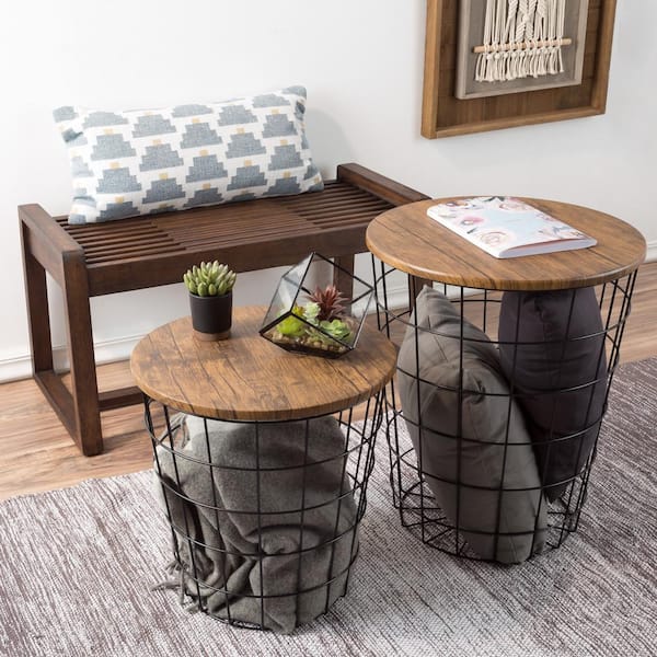 Lavish Home Black Brown 2 Piece Nesting Veneer Metal And Wood Round Accent Table Set Hw0200080 The Depot 2 Piece Nesting Veneer Metal, Round Accent Tables With Storage