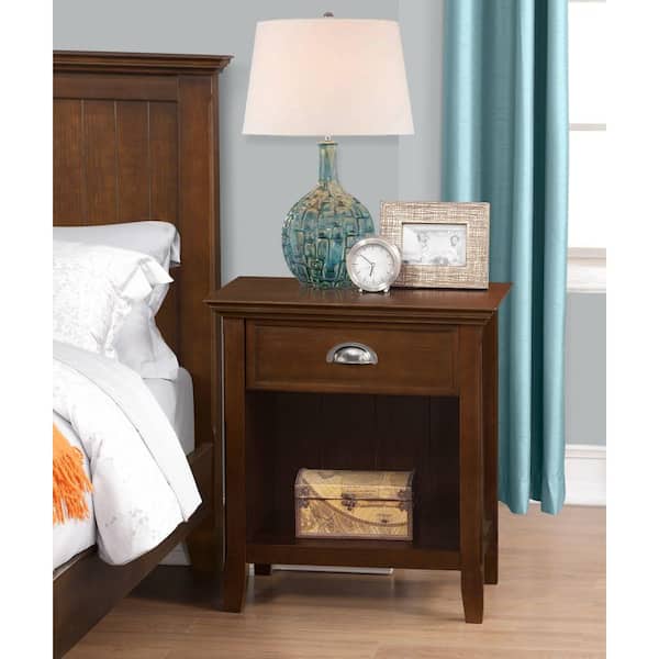 Simpli Home Acadian 24 in. Wide Brunette Brown Solid Wood 1-Drawer Transitional Bedside Nightstand Table