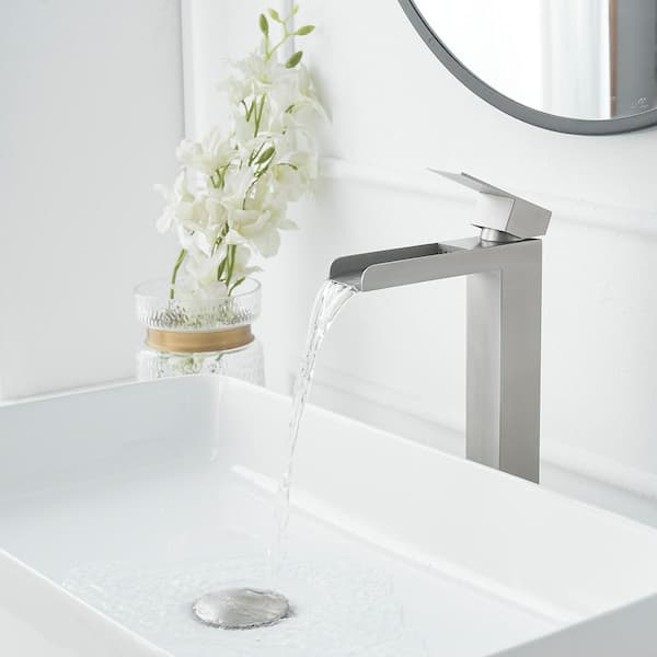 Waterfall Single Hole Single Handle Bathroom Vessel Sink Faucet With Drain Assembly in Brushed Nickel