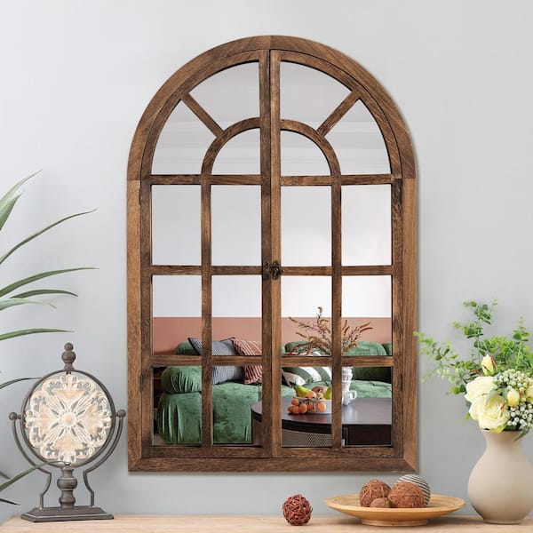 Lirago 24 in. W x 36 in. H Classic Arched Solid Wood Wall Mirror in Brown
