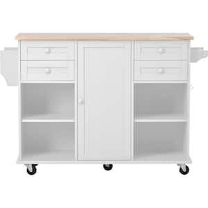 White MDF Kitchen Island with Rubber Wood Top, Drawers, Adjust Shelves, Spice Rack and Hooks