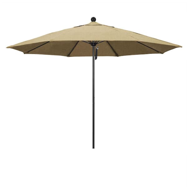 11 ft. Black Aluminum Market Patio Umbrella with Fiberglass Ribs Pulley Lift in Linen Sesame Sunbrella