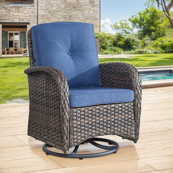 Brown Swivel Wicker Outdoor Rocking Chair with Blue Cushion and Glide Function (1-Pack)