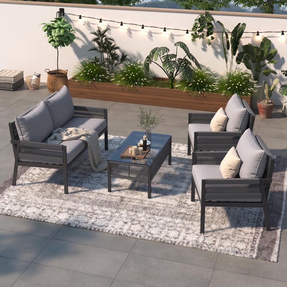 Gray Steel Rope 4-Piece Outdoor Patio Conversation Set with Cushions