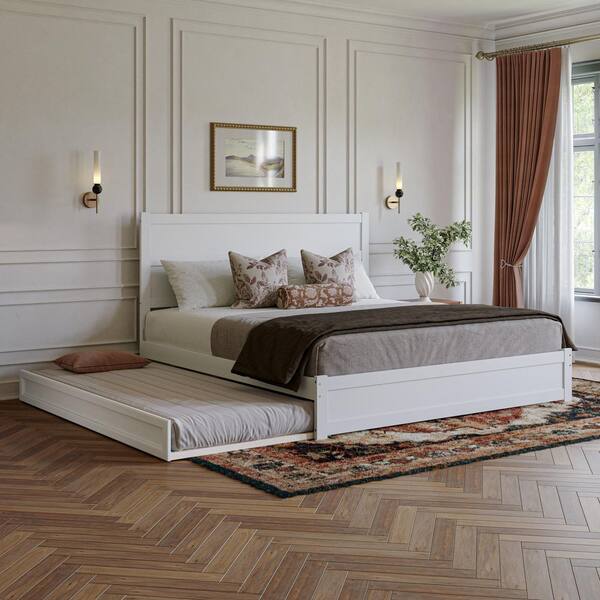Aveline White Wood Frame King Platform Bed with Matching Footboard and Twin XL Trundle