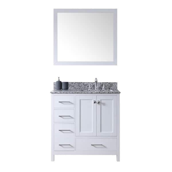 Virtu USA Caroline Madison 36 in. W Bath Vanity in White with Granite Vanity Top in Arctic White with Square Basin and Mirror
