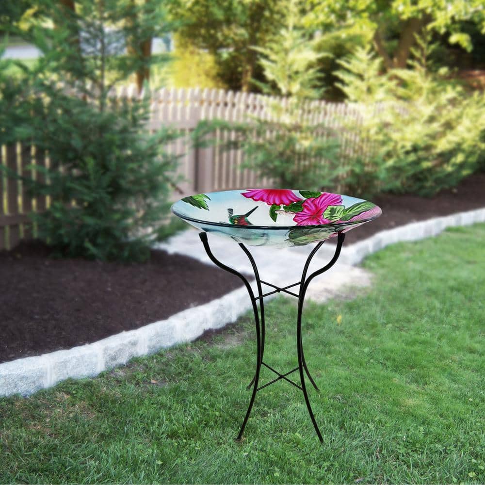 18" Multicolor Glass Birdbath with Metal Stand and Hummingbird Design