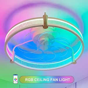 21 in. Smart LED Indoor White RGB Modern Low Profile Flush Mount Ceiling Fan with Light with Remote Control for Bedroom