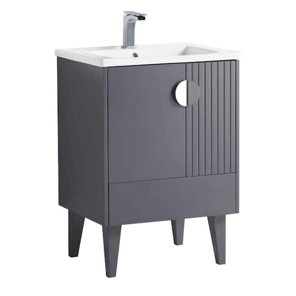 FINE FIXTURES Venezian 24 in. W x 18.11 in. D x 33 in. H Bathroom Vanity Side Cabinet in Rock Gray with White Ceramic Top