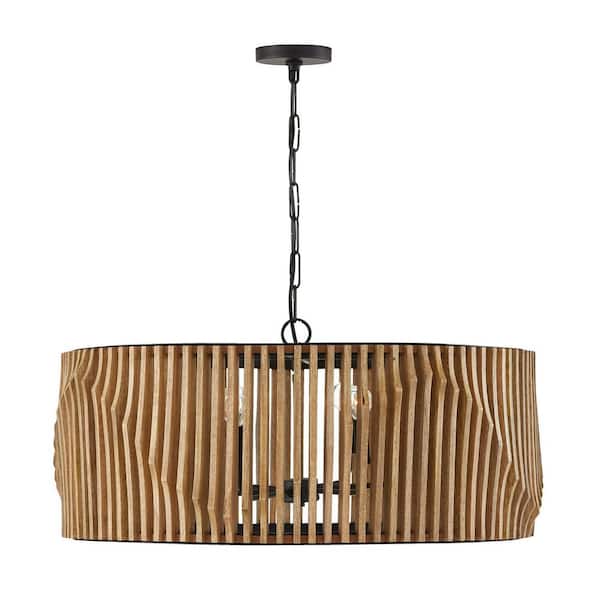 Archer 60-Watt 6-Light Large Light-Stained Wood and Matte Black Pendant Light and No Bulbs Included