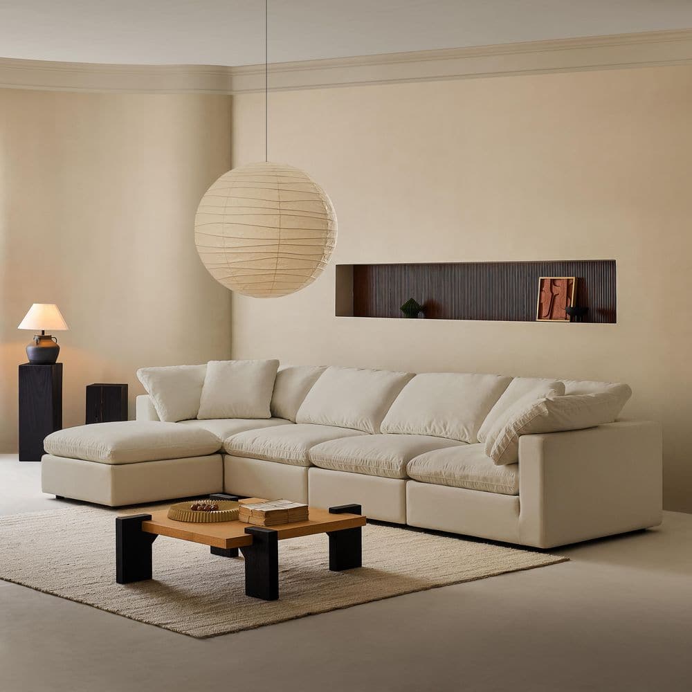 Modern 157 in. Wide Square Arm Linen Fabric L-Shaped Sectional Sofa Combination Sofa 4 Seats with Ottoman in Linen Beige