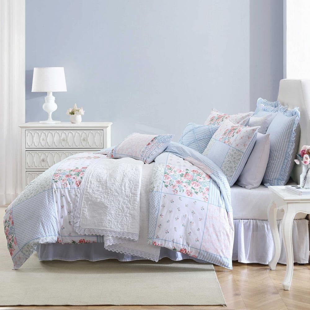 Hope Patchwork Blue and Pink Cotton 7-Piece Duvet Cover Set