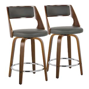 Cecina 24.5 in. Grey Faux Leather, Walnut Wood, Chrome Metal Fixed-Height Counter Stool Round Footrest (Set of 2)