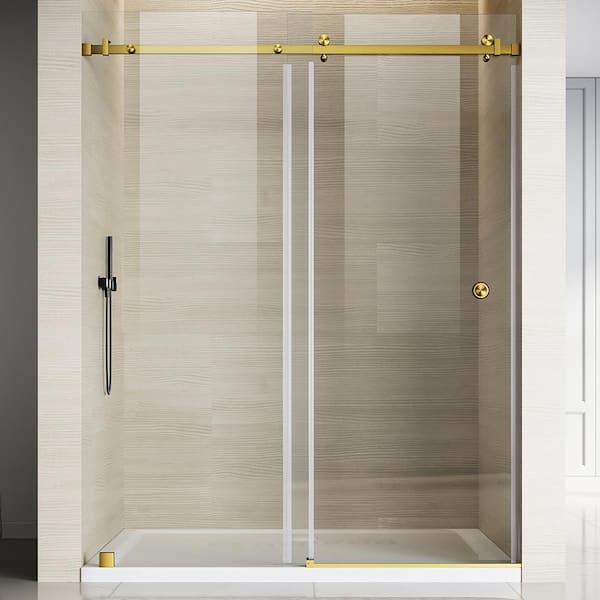 UKS09 56 to 60 in. W. x 80 in. H Single Sliding Frameless Shower Door in Satin Brass, Enduro Shield 3/8 in. Clear Glass