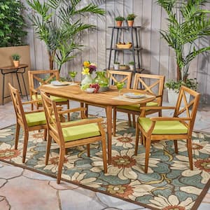 Pines Teak Brown 7-Piece Wood Outdoor Dining Set with Green Cushions