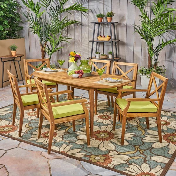 Noble House Pines Teak Brown 7-Piece Wood Outdoor Dining Set with Green Cushions