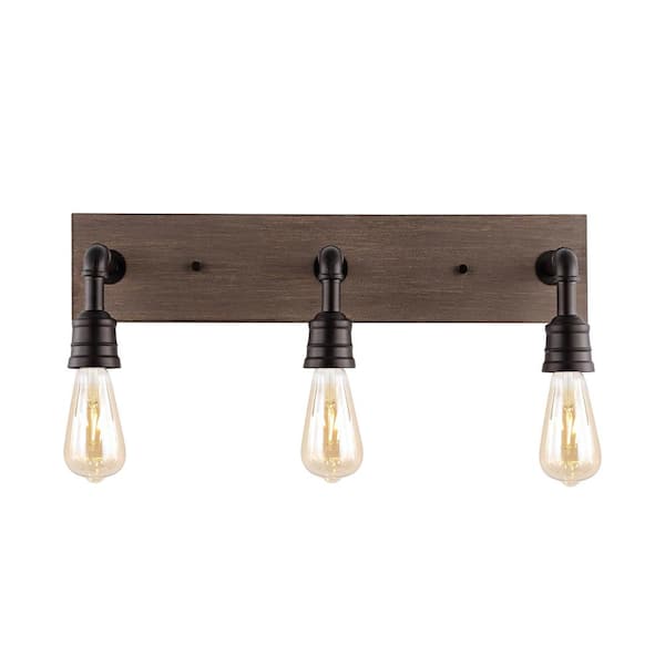 Corbett 22.13 in. 3-Light Rustic Farmhouse Iron LED Vanity Light, Oil Rubbed Bronze/Brown Wood Finish