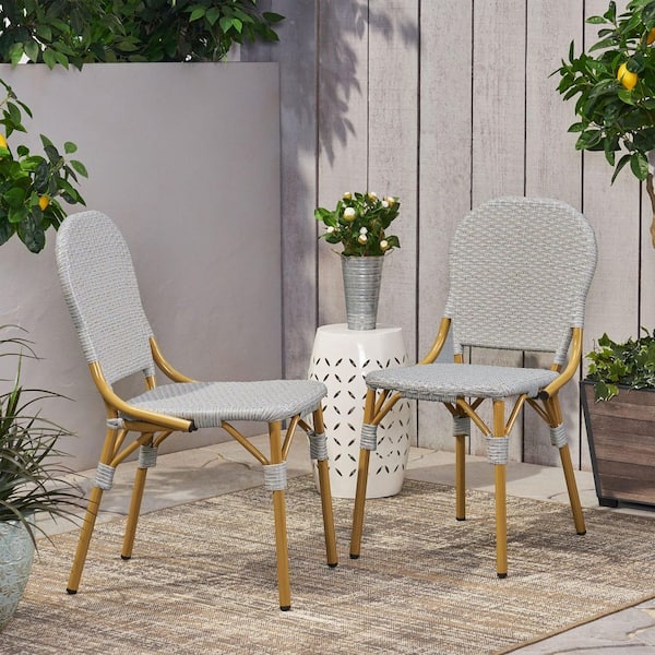 Tenleaf French PE Rattan and Aluminum Outdoor Bistro Chairs in Gray and Bamboo Finish Set of 2