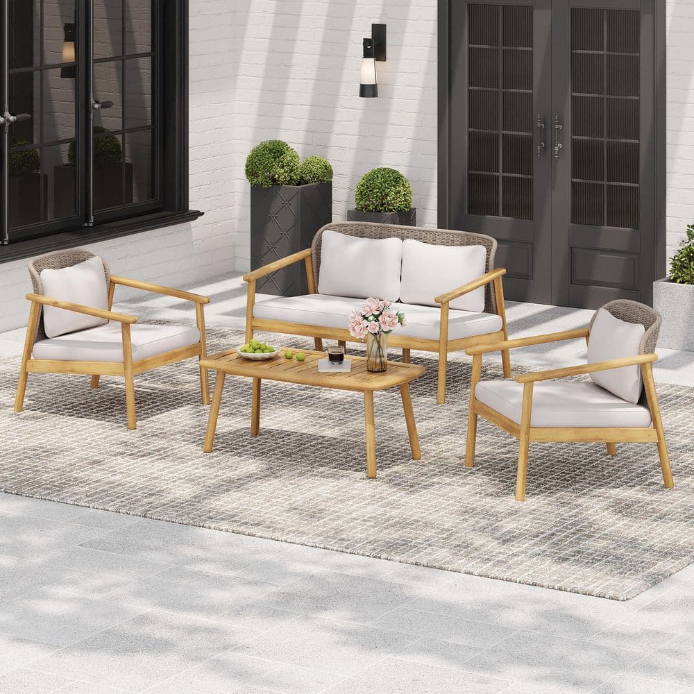 Orbit 4-Piece Solid Wood and Rope Weave Outdoor Patio Conversation Set with Beige Cushions, Light Teak