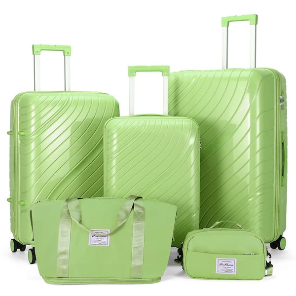 Hardside Hard Shell 2 of Bag 5-Piece Green PP Luggage Set Suitcases with TSA Lock 20 in. 24 in. 28 in.