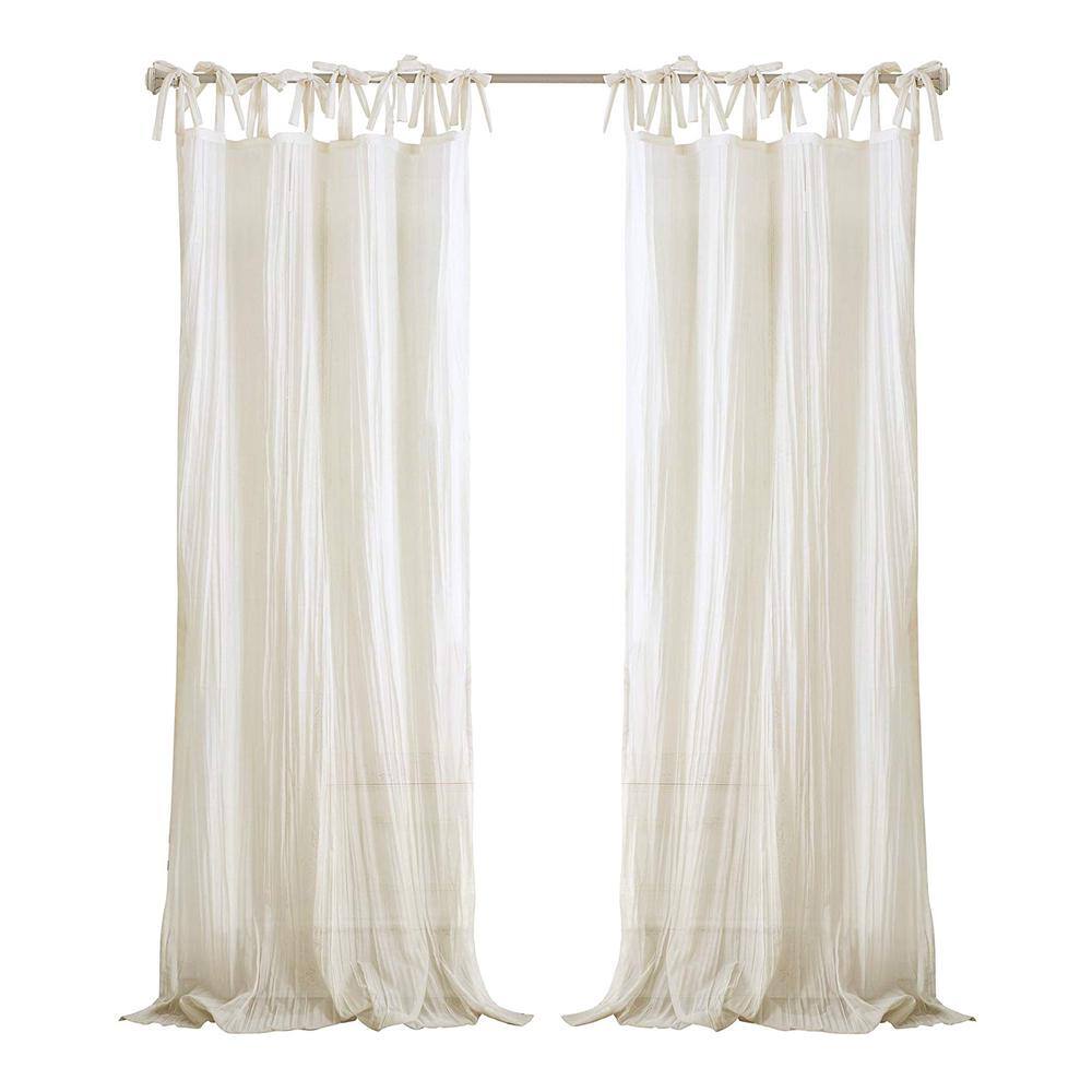 Ivory Polyester Tie Top Sheer Window Curtain Panel