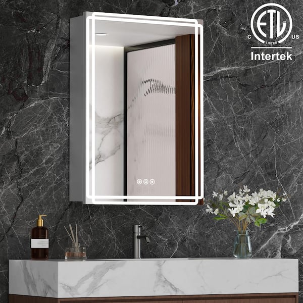 16 in. W x 24 in. H Rectangular Aluminum Medicine Cabinet with Mirror, Dimmable Light, Anti-Fog, Adjustable Shelves