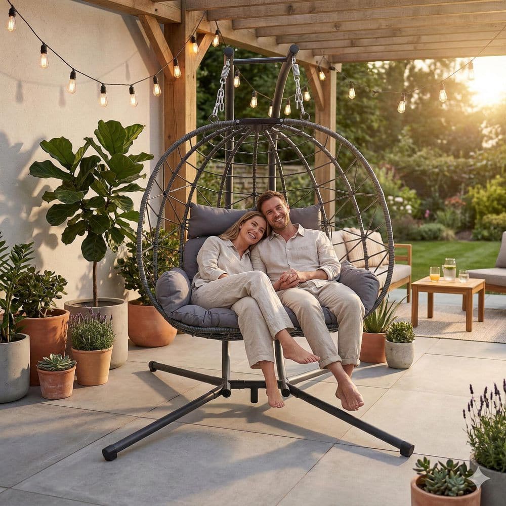 IDEE EGG CHAIR 2脚セット 2-Person Double Wicker Hanging Egg Chair with Stand for Outdoor