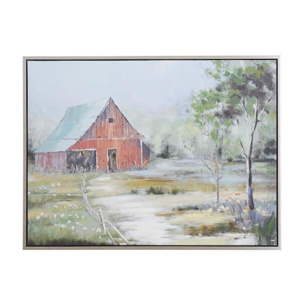 Litton Lane 1- Panel Landscape Barn Framed Wall Art with Silver Frame 36 in. x 47 in.