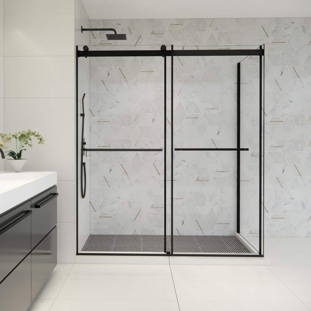 Belizzi 68" Matte Black Frameless Glass Shower Enclosure