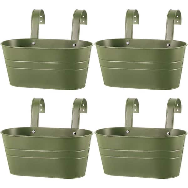 Metal Hanging Flower Pots, 10.6 in. Hanging Rail Planters for Window Balcony Plants Holder with Hooks(Green, 4-Pieces)