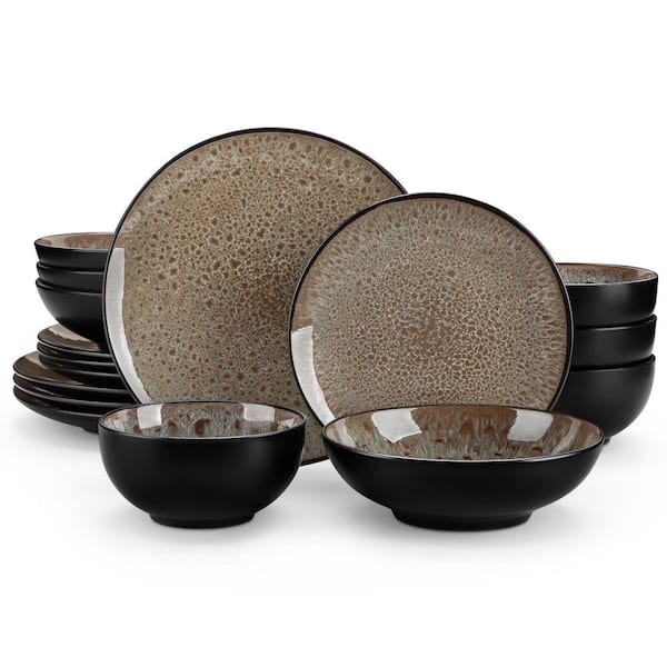vancasso 16-Piece Brown Stoneware Dinnerware Set (Service Set for 4) Bowls and Plates Dinner Set