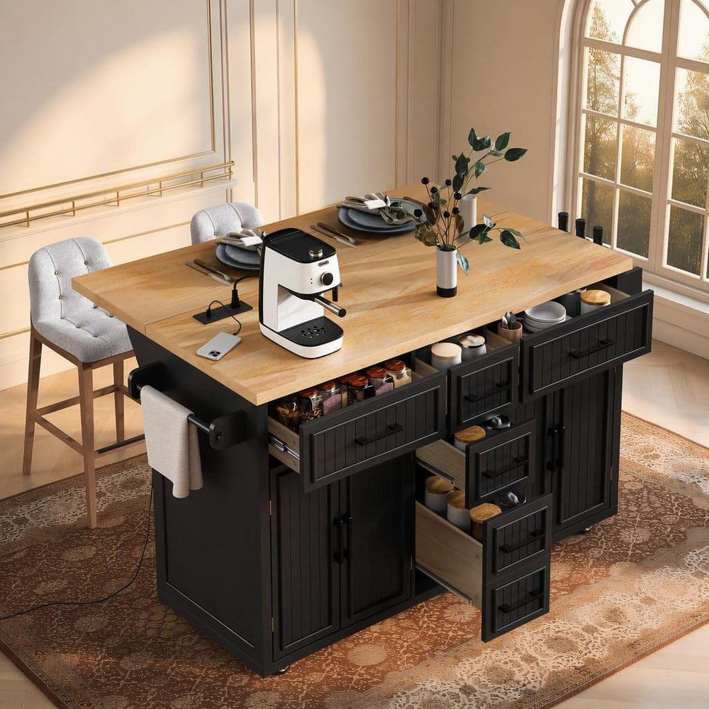 Farmhouse Black Wood 56.5 in. Power Outlet Drop Leaf Embossed Vertical Stripe Kitchen Island with 5-Drawer and 4-Door