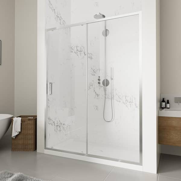 QuickMount 60 in. W x 74 in. H Single Sliding Semi Frameless Shower Door in Chrome with Clear 1/4 in. Glass