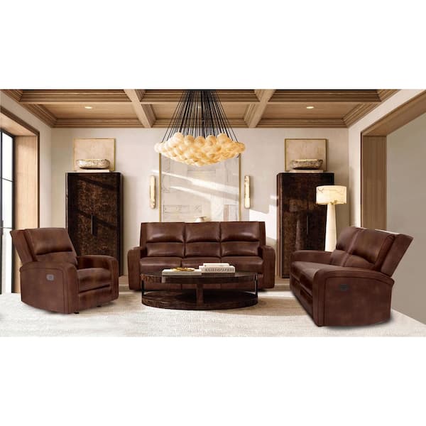 Furniture of America Donforto 3-Piece Medium Brown Top Grain Leather Power Sofa Set