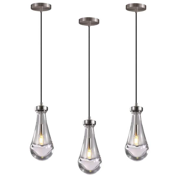 PUYRNF 1 Light Kitchen Island Nickel Pendant Light, Raindrop Glass Pendant Light, for Bedroom, Bathroom, Living Room(3-Pieces)