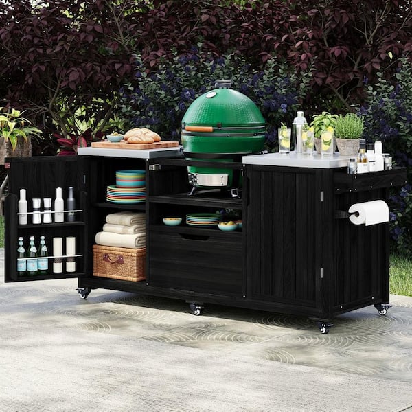 Farmhouse Black Steel 66.5 in. Outdoor Patio Internal Rack Kitchen Island Compatible 21 in. Big Grills with Drawer