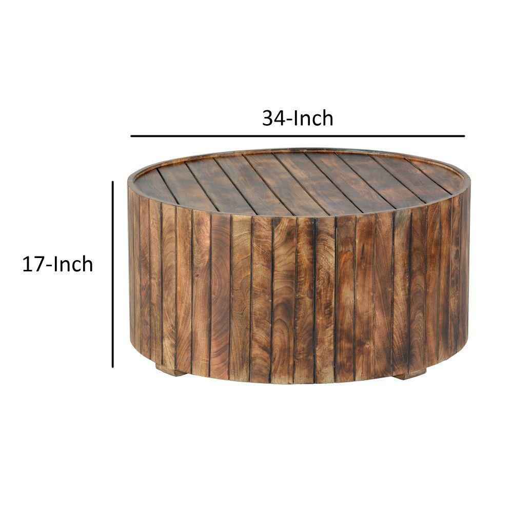 Burned Brown Mango Wood 34" Round Coffee Table with Plank Design