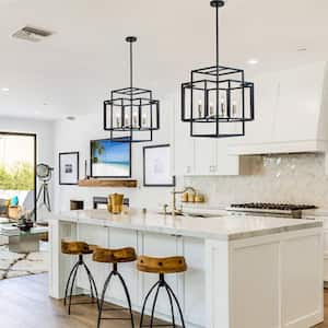 4-Light Modern Square Chandelier Lantern Pendant Lighting Fixture for Kitchen, Dining Room, Black and Brushed Nickel