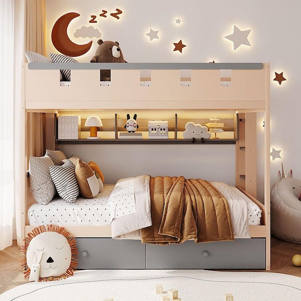Gyala Gray Full Over Full Size Castle Style Bunk Bed with 2 Drawers and Shelf