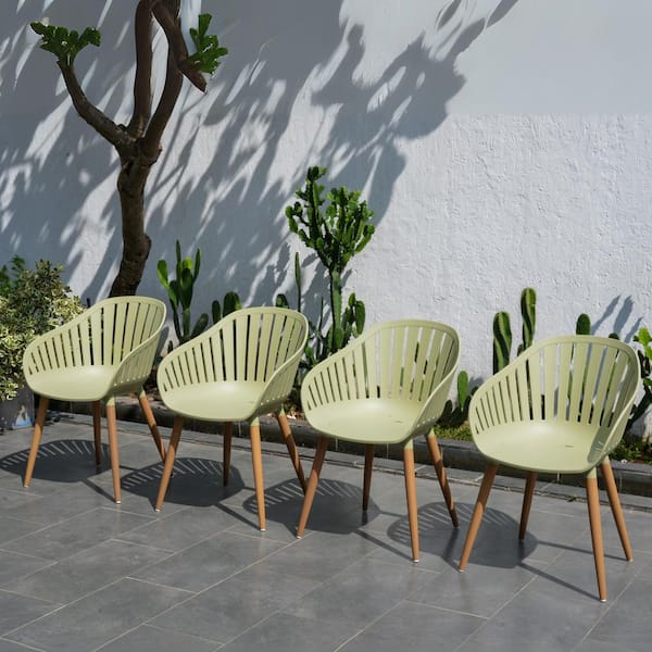 Luna 4-Piece Recycled Resin and Teak Finish Wood Legs Patio Dining Arm Chair Set, Green