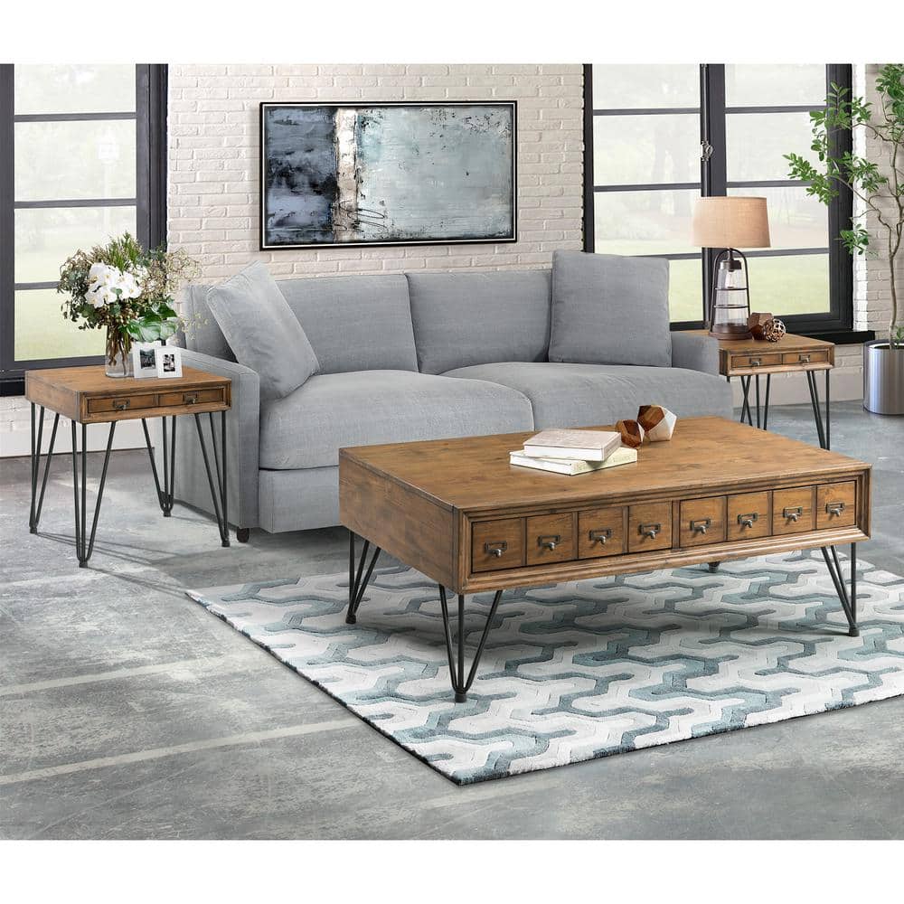 Industrial Charm Square End Table with Storage, Light Walnut & Metal