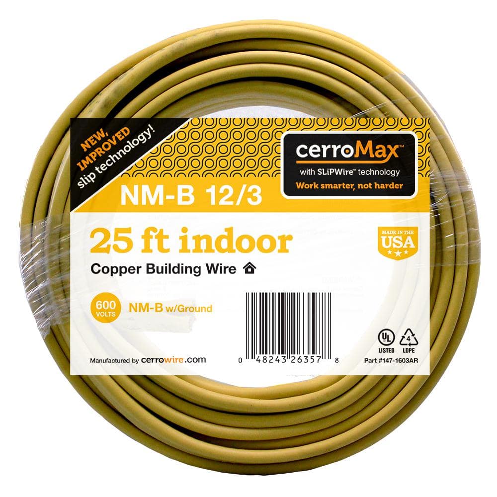 Yellow Cerrowire 147-1603AR 25-Foot 12/3 NM-B Solid with Ground Wire 