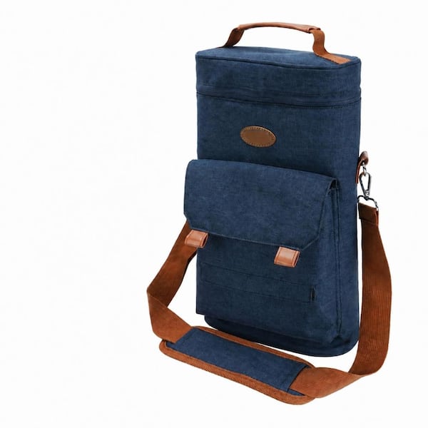 2-Bottle Insulated Wine Tote Bag in Navy Blue with 2 Stainless Steel Glasses and Shoulder Strap