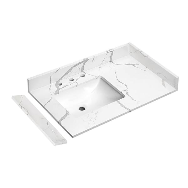 Carrara Luna 36 in. W x 22 in. D Quartz White Left Side Rectangular Single Sink Bathroom Vanity Top in Calacatta River