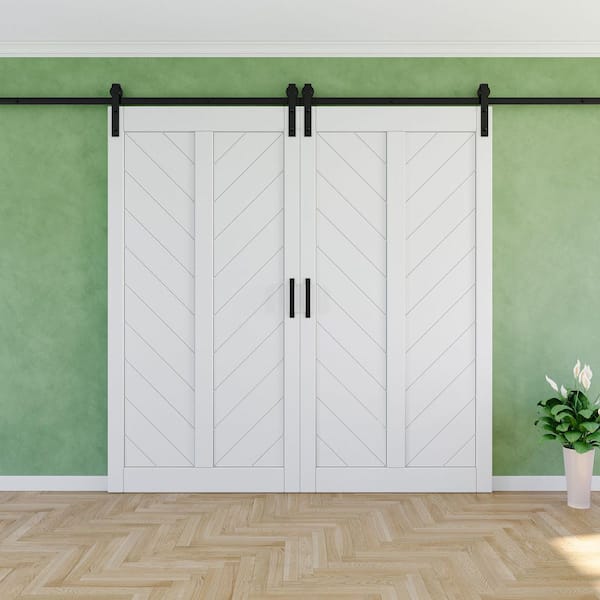 84 in. x 84 in. Solid Core Finished White MDF Herringbone Design Barn Door Slab with Hardware