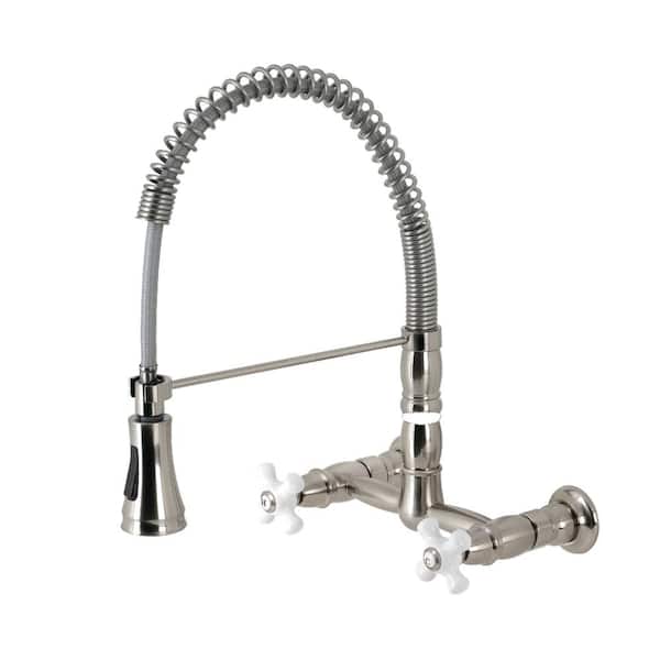 Kingston Brass Heritage Double Handle Wall Mount Pull Down Sprayer Kitchen Faucet in Brushed Nickel