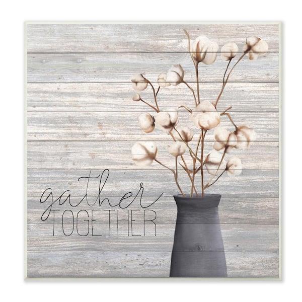 Stupell Industries 12 in. x 12 in. "Grey Gather Together Cotton Flowers in Vase" by Kimberly Allen Wood Wall Art
